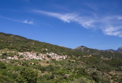 Village of Kastania, Greece nestled in rolling hills and olive groves.